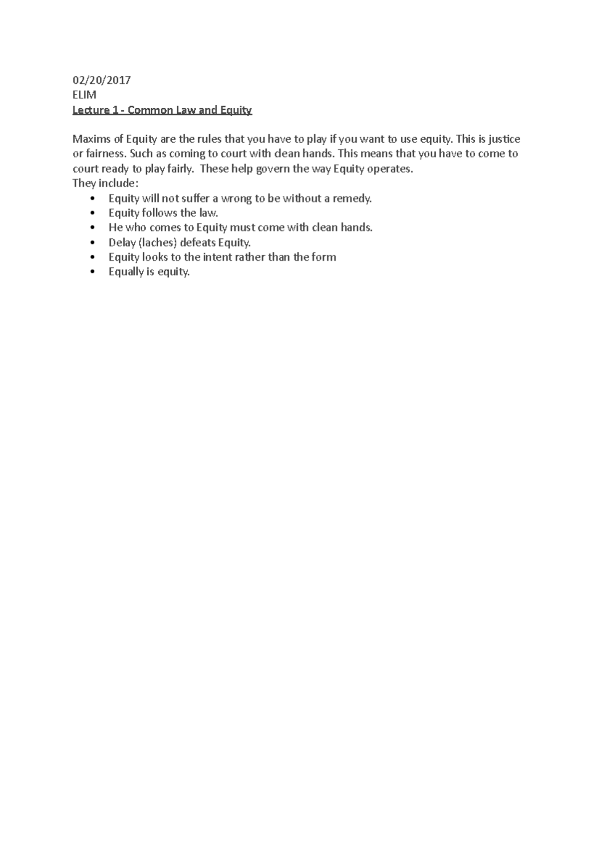 Lecture 1 - Common Law and Equity - 02/20/ ELIM Lecture 1 - Common Law ...