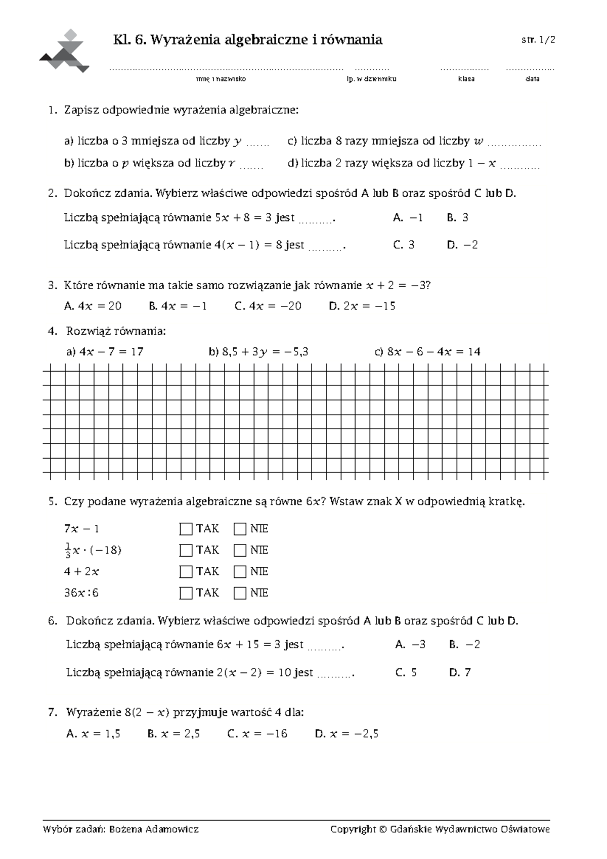 Matematyka 1 Sprawdzian Wyrażenia Algebraiczne www.studocu.com