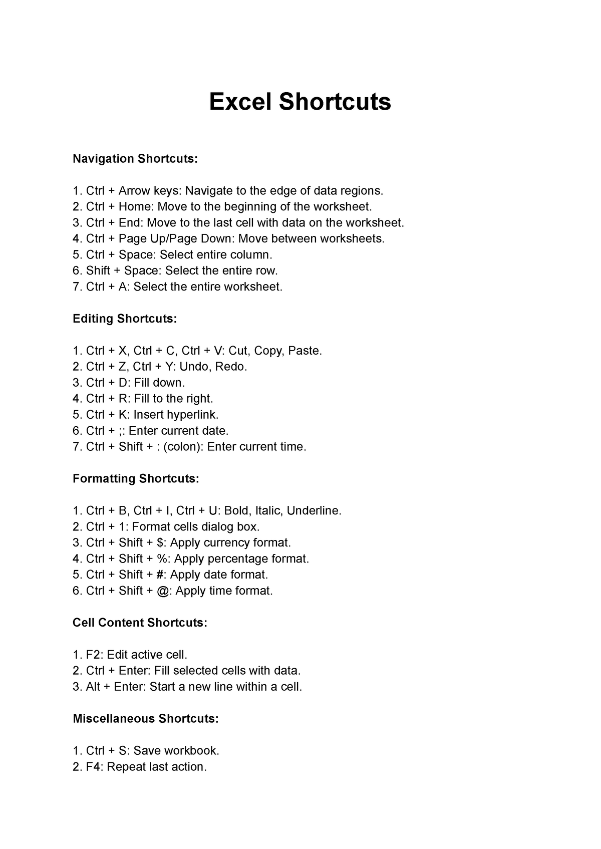 Excel Shortcuts - Excel Shortcuts Navigation Shortcuts: Ctrl + Arrow ...