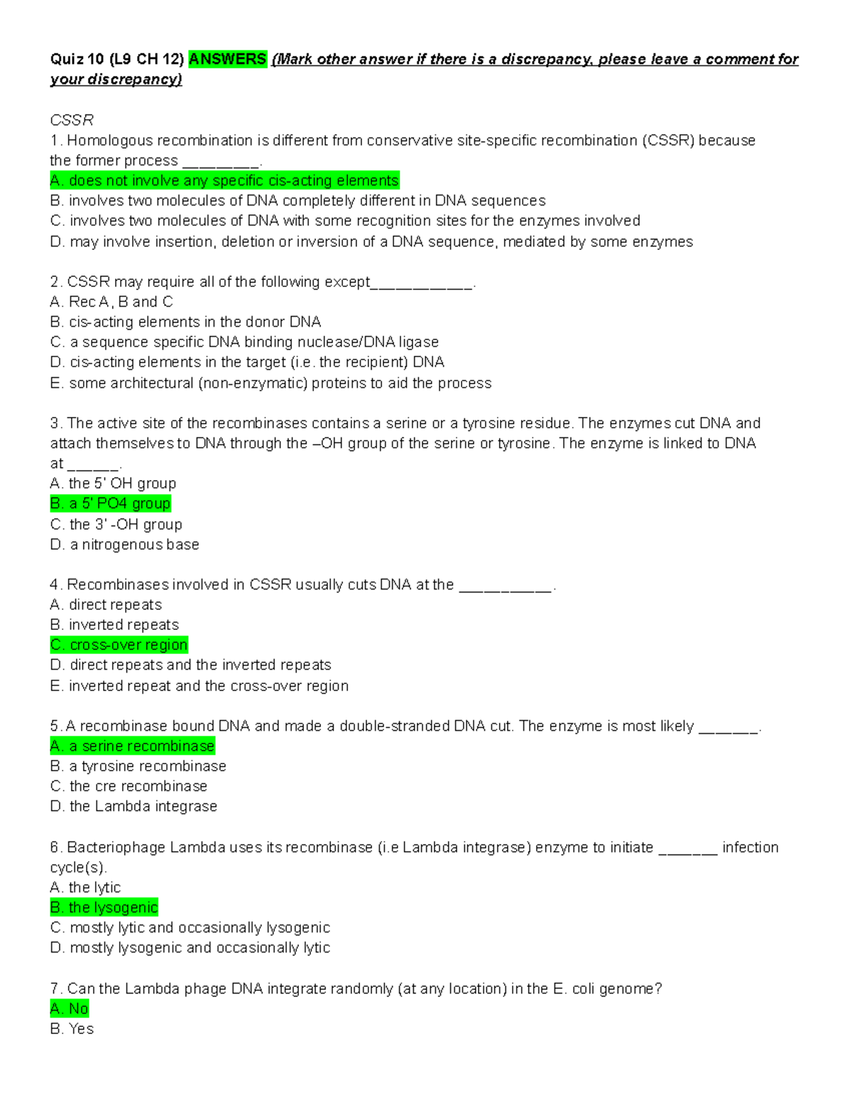 Quiz 10 (L9 CH 12) - Dr. Kudus This is the answer sheet to the multiple ...