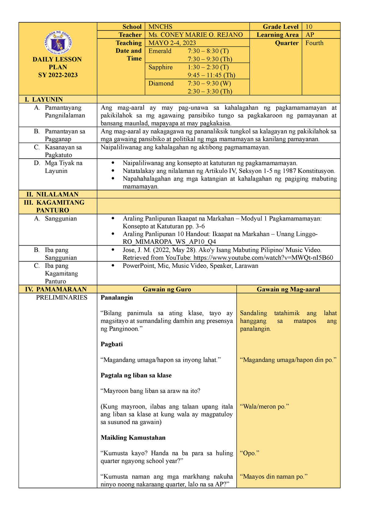 Daily Lesson PLAN Week 1 - DAILY LESSON PLAN SY 2022- School MNCHS ...