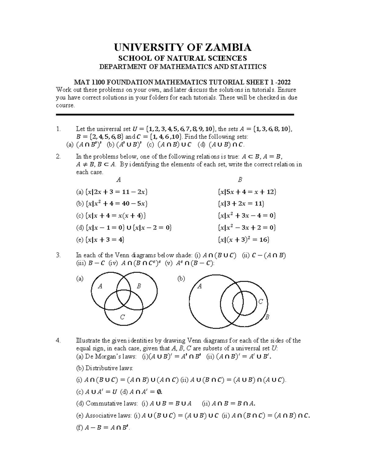 Mat 1100 Tutorial Sheet 1 University Of Zambia School Of Natural