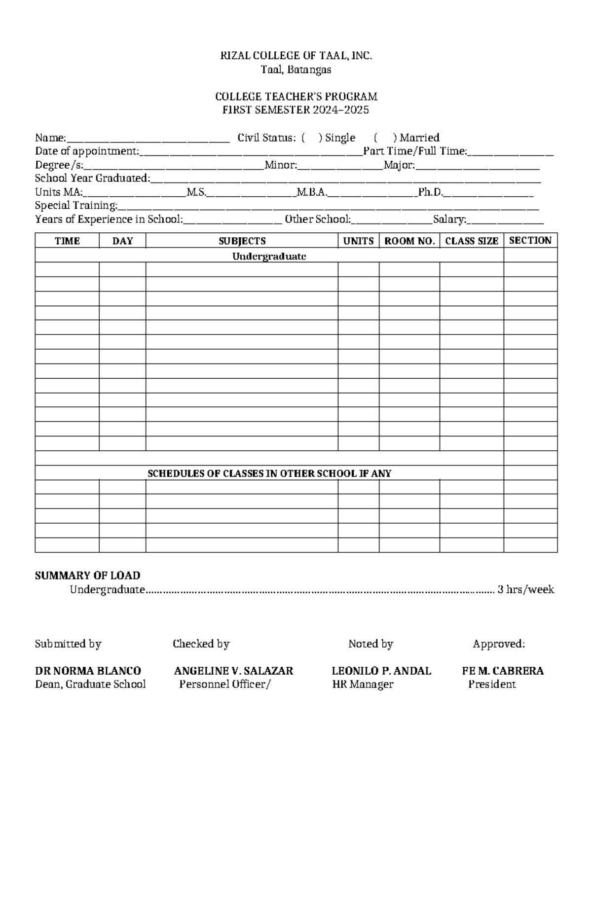 Teacher's Program - Format - RIZAL COLLEGE OF TAAL, INC. Taal, Batangas ...