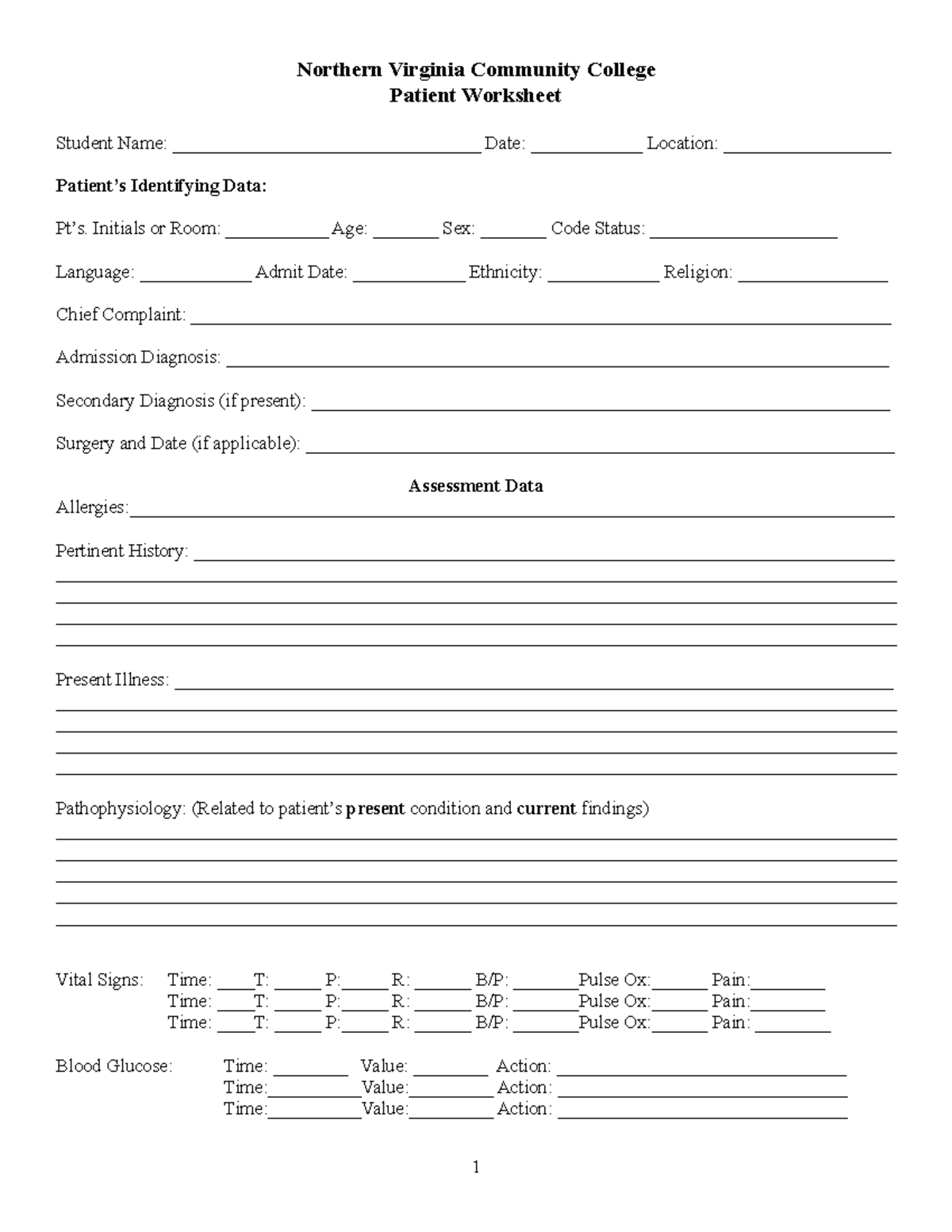 NSG 170 Patient Worksheet - Northern Virginia Community College Patient ...