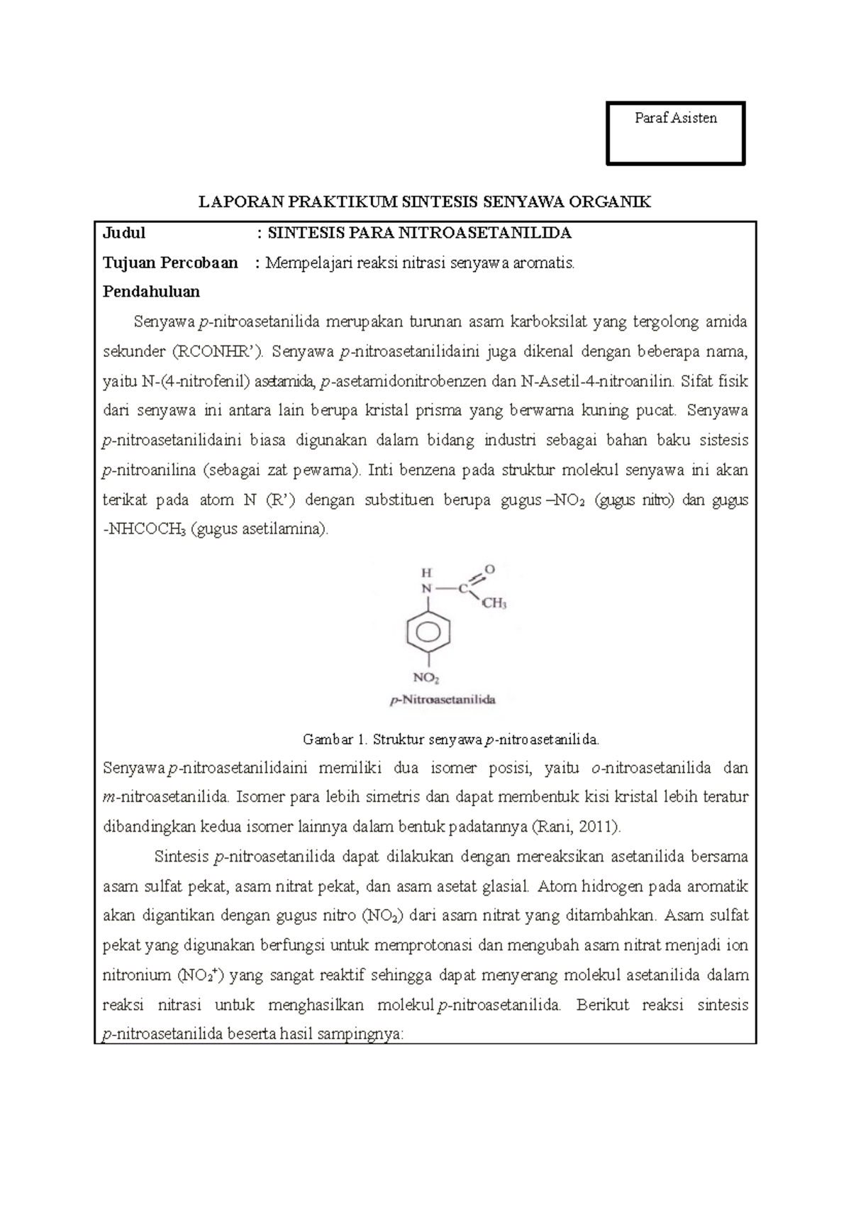 Sintesis Para Nitroasetanilida Laporan Praktikum Sintesis Senyawa Organik Judul Sintesis