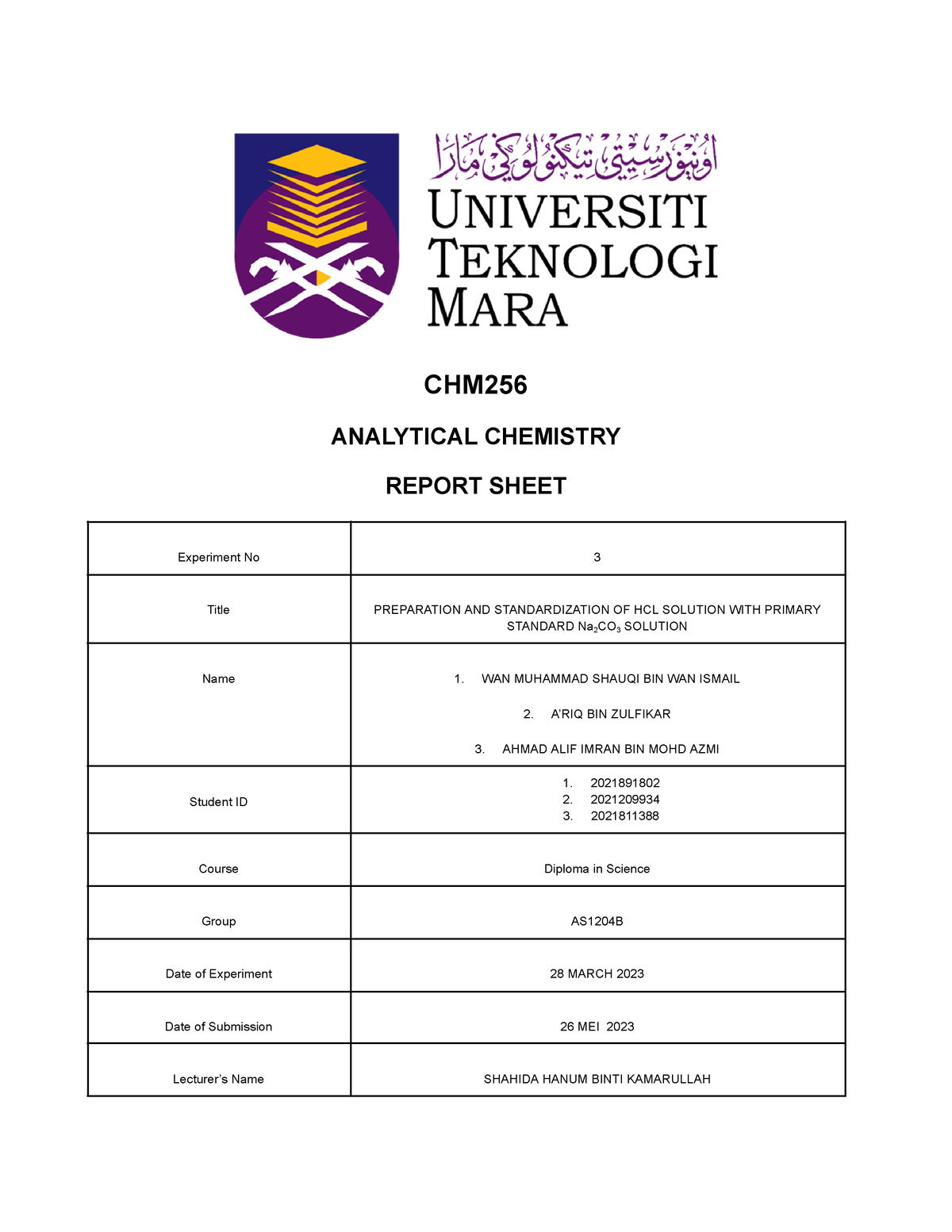 Chm Lab Report Exp Chm Analytical Chemistry Report Sheet