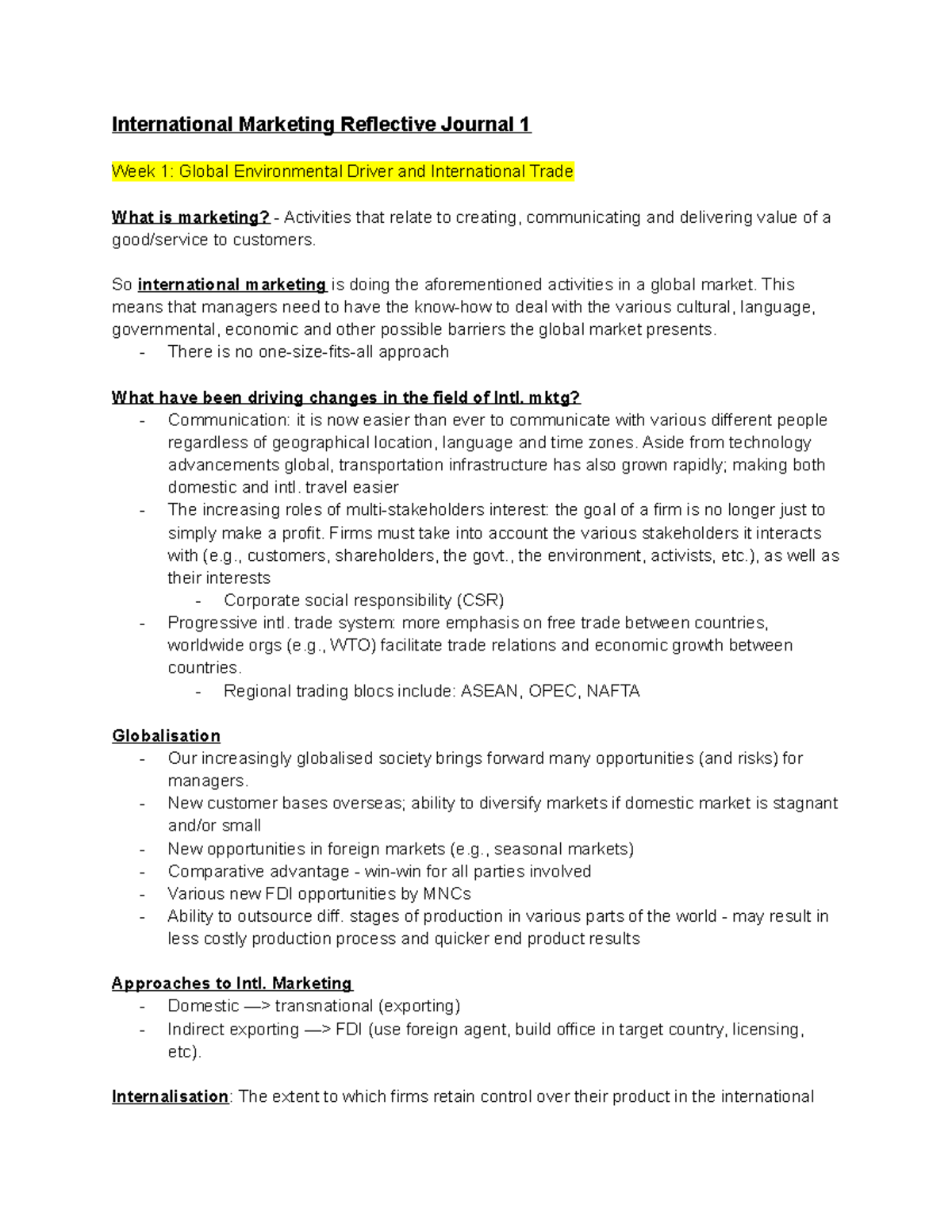 Intl. Marketing Reflective Journal 1 - International Marketing ...