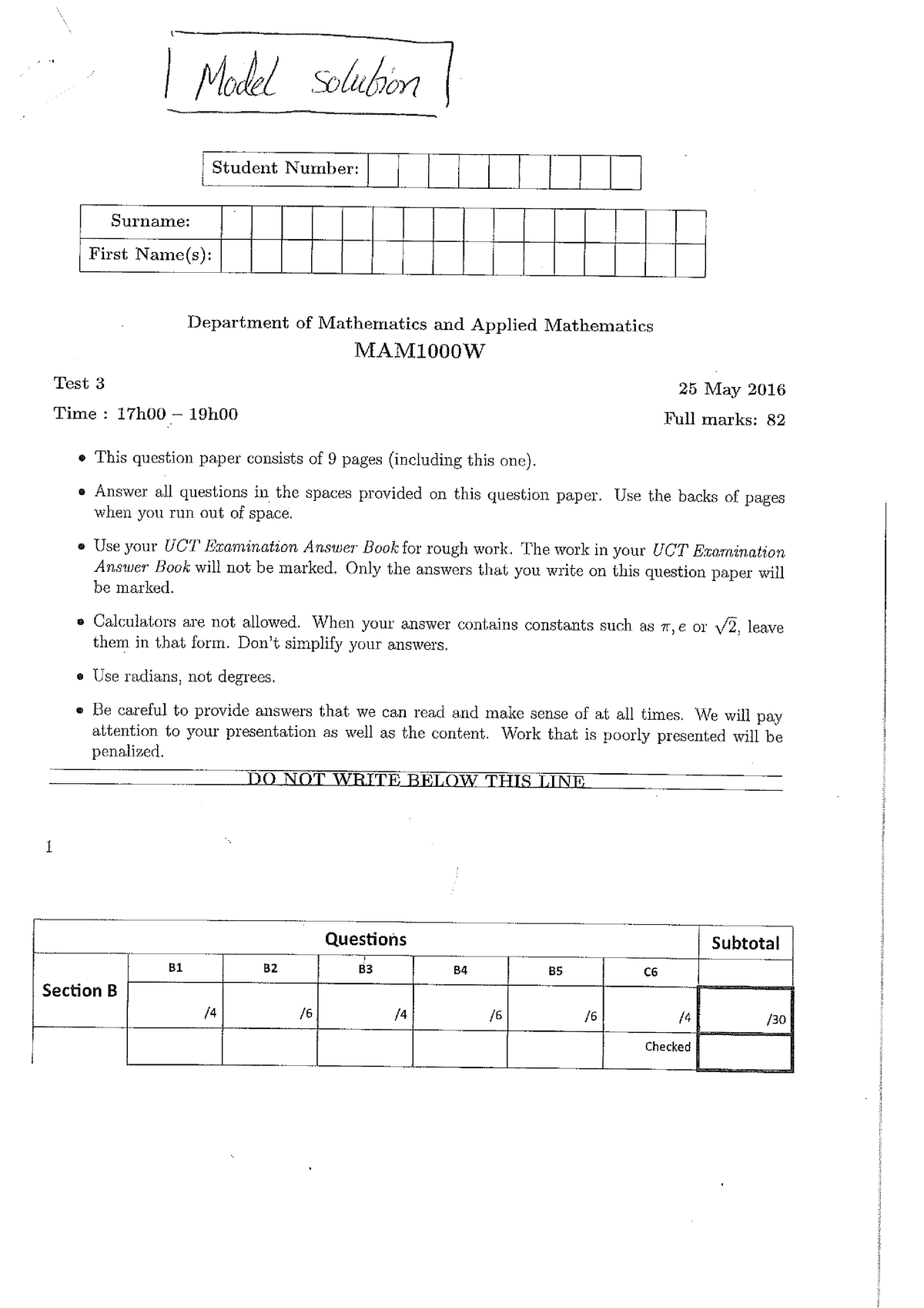 Test 3 2016, questions and answers - l Magi 52/465282? Student Number:l ...