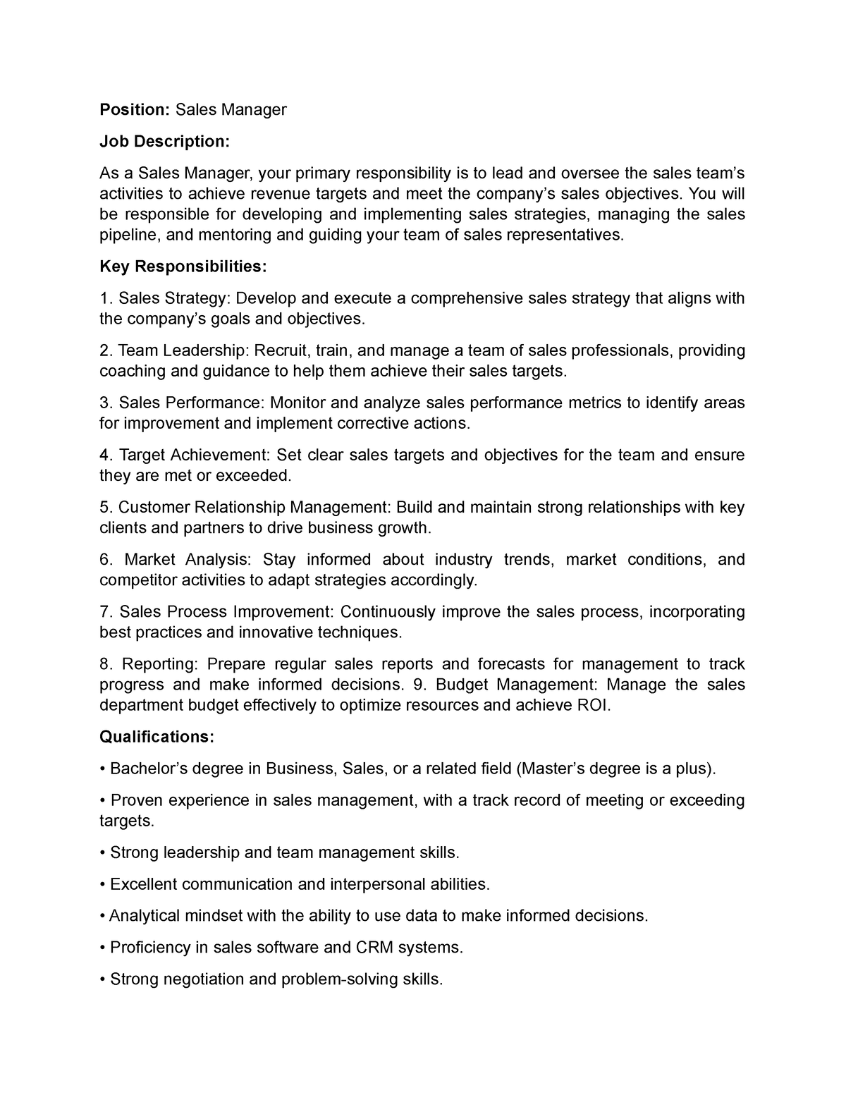 Job Description Accounting Position Sales Manager Job Description 