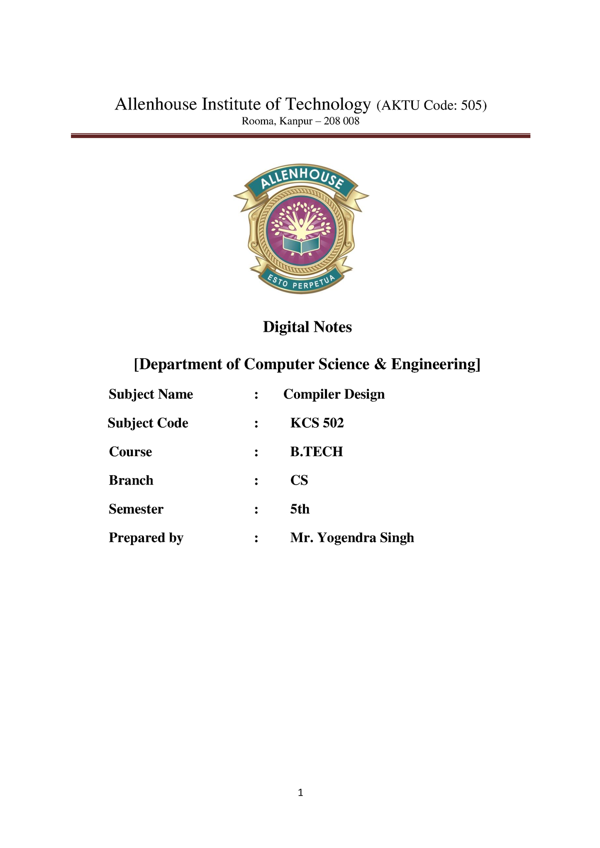 Compiler Design(KCS 502) -UNIT-2 - Allenhouse Institute Of Technology ...