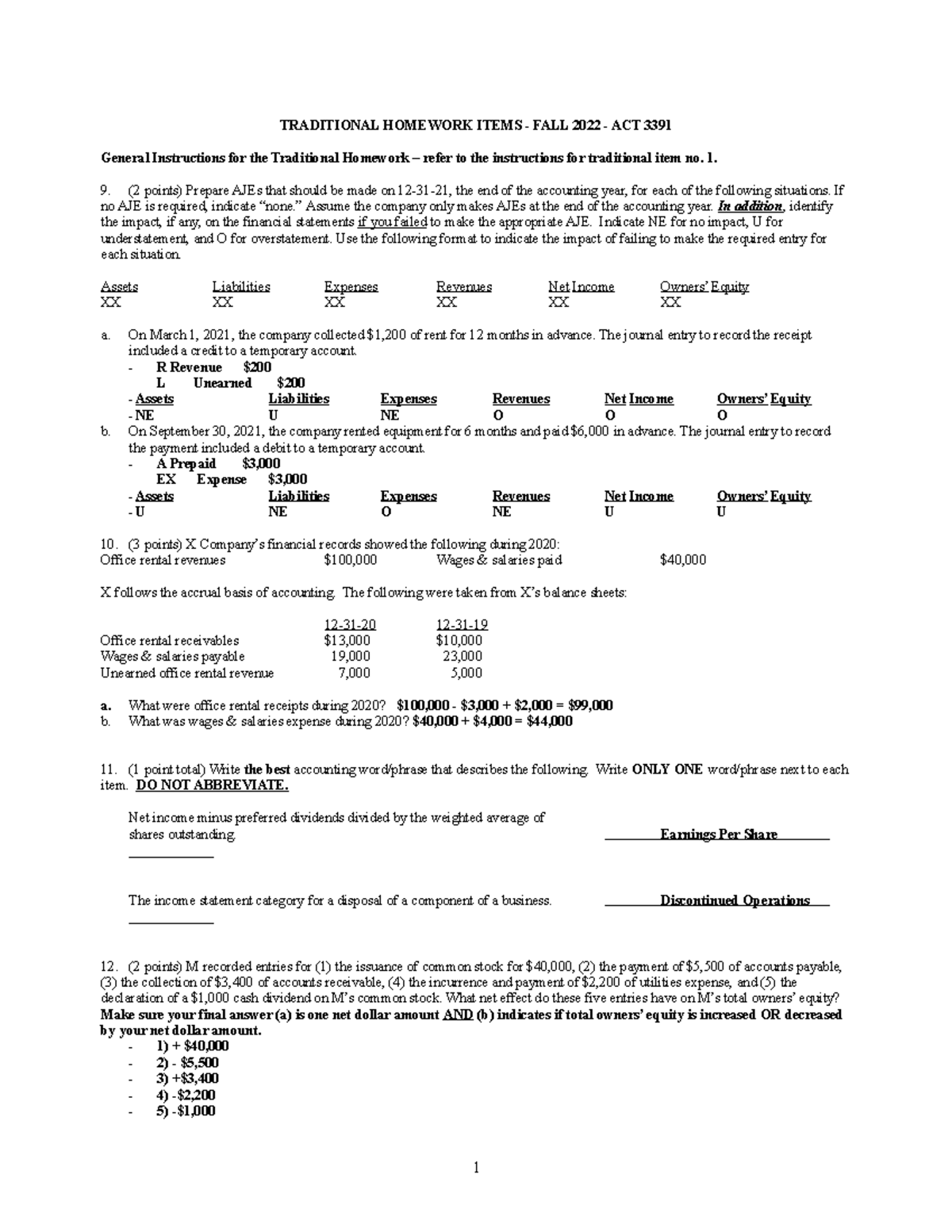 9 to 14 - homework - TRADITIONAL HOMEWORK ITEMS - FALL 2022 - ACT 3391 ...