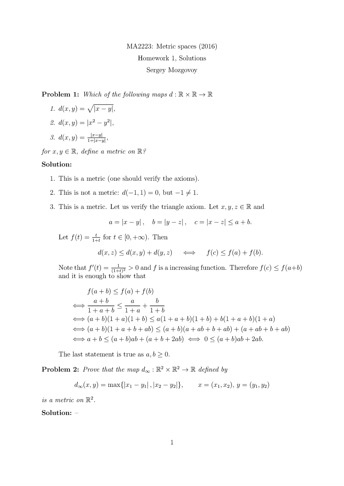 metric spaces homework solutions