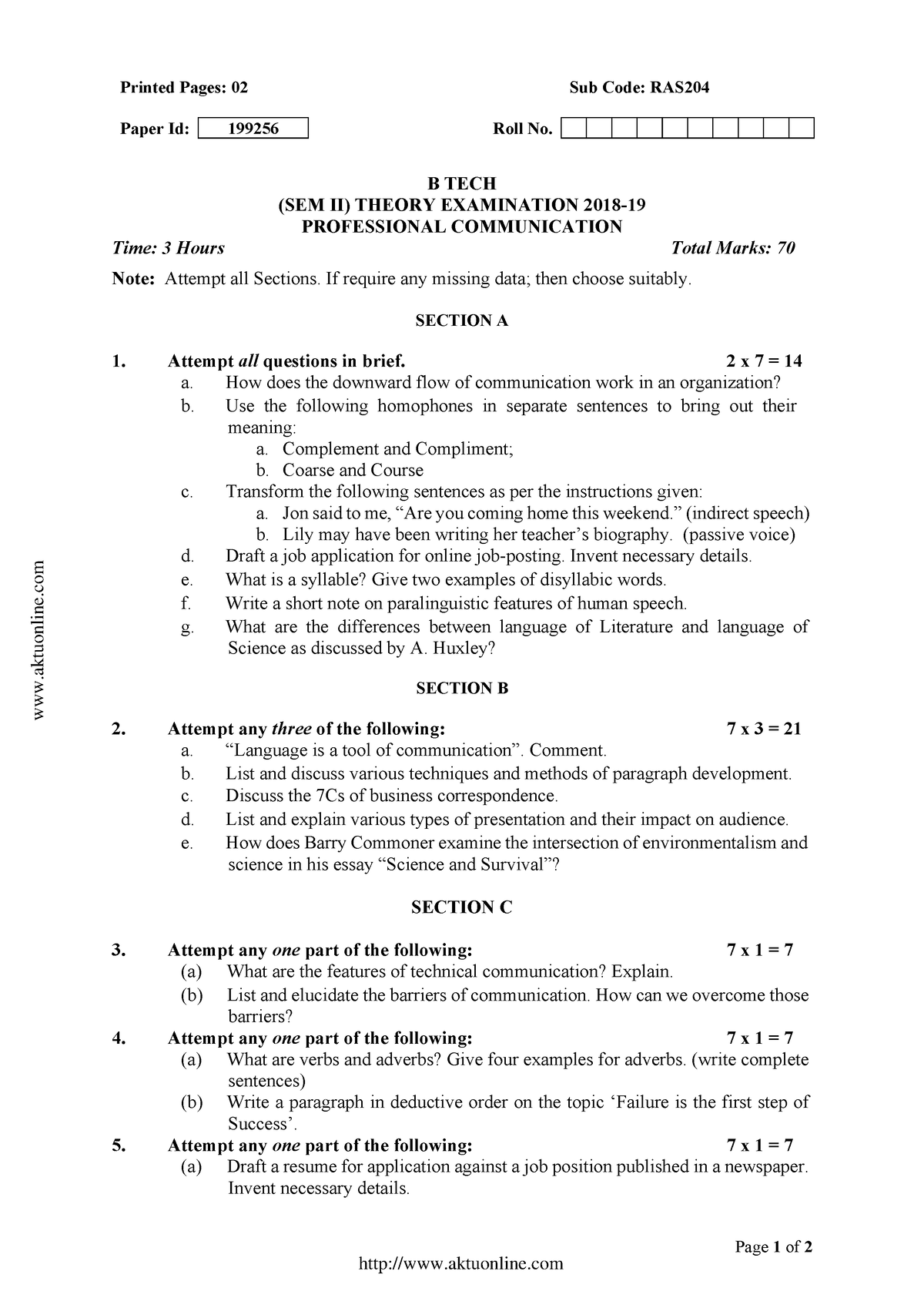 Btech 2 Sem Professional Communication Ras204 2019 - Printed Pages: 02 ...