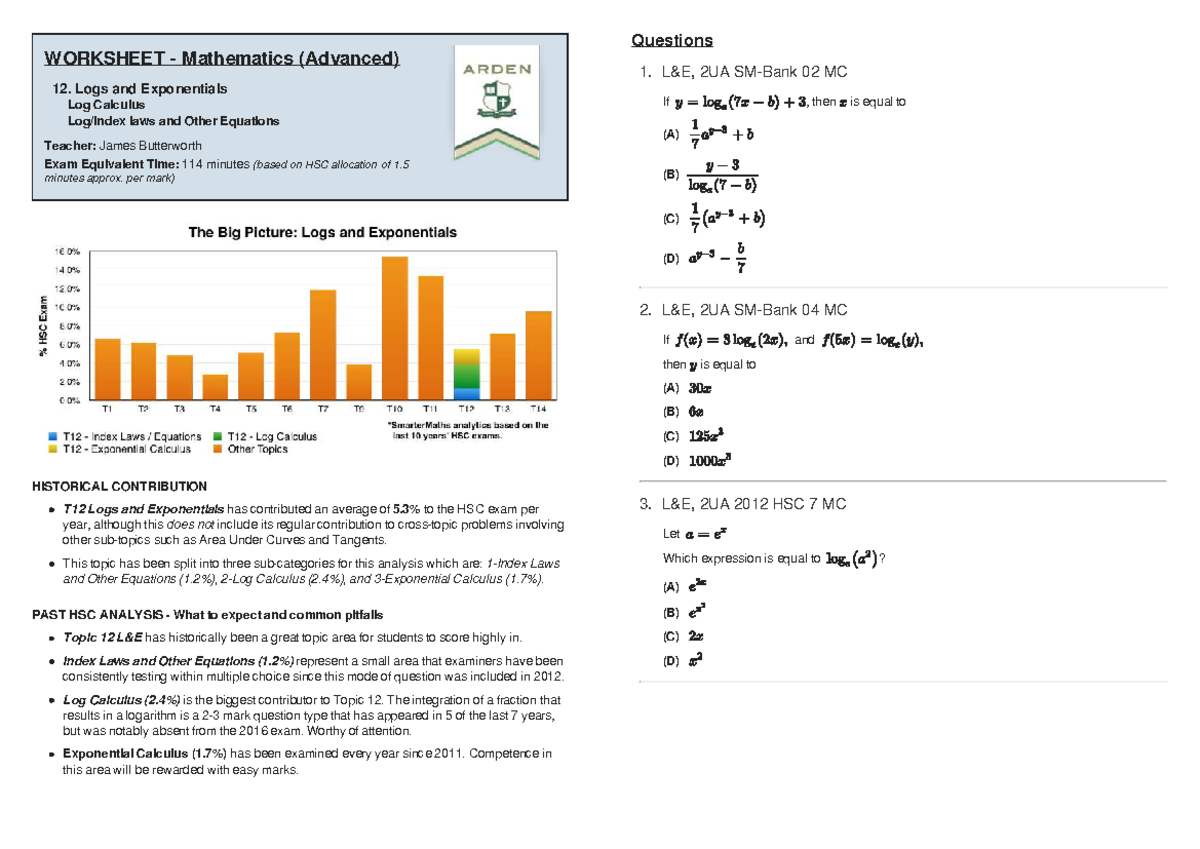 Smarter Maths Log Calculus, Laws and Equations Studocu