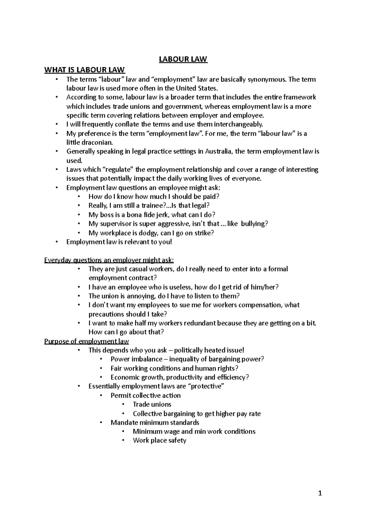 Labour LAW - Exam Notes - LABOUR LAW WHAT IS LABOUR LAW The terms ...