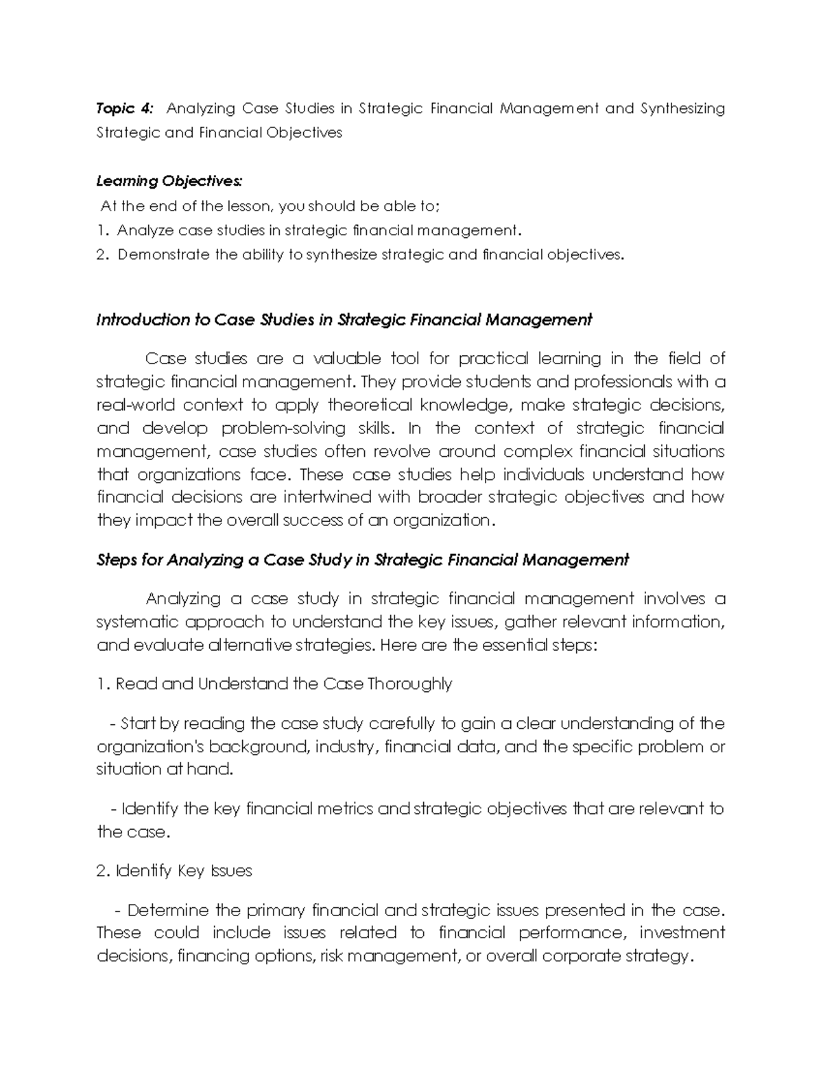 Topic 5 Analyzing Case Studies in Strategic Financial Management and