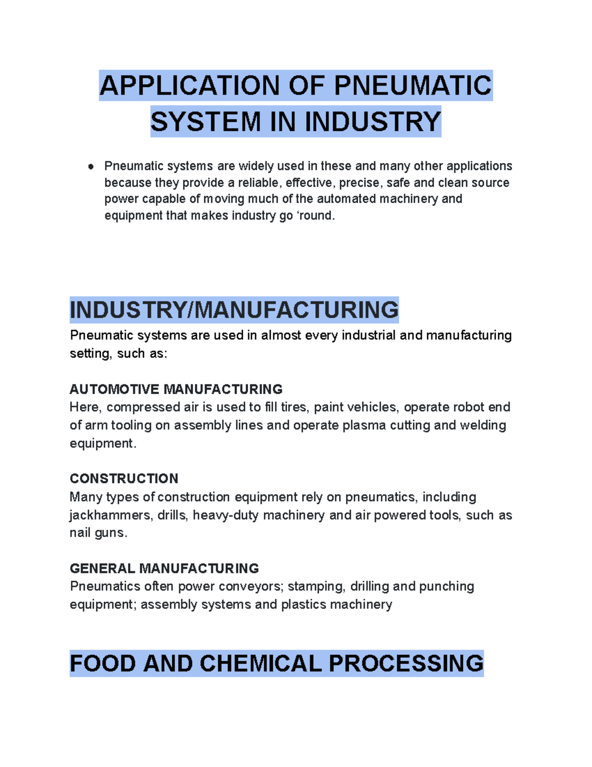 Application OF Pneumatic System IN Industry APPLICATION OF PNEUMATIC