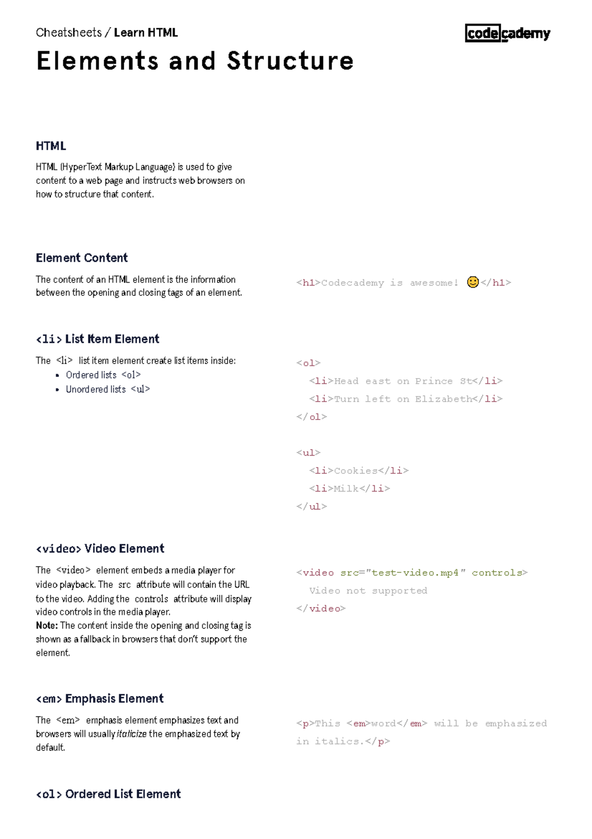 Learn HTML Elements And Structure Cheatsheet Codecademy - HTML ...