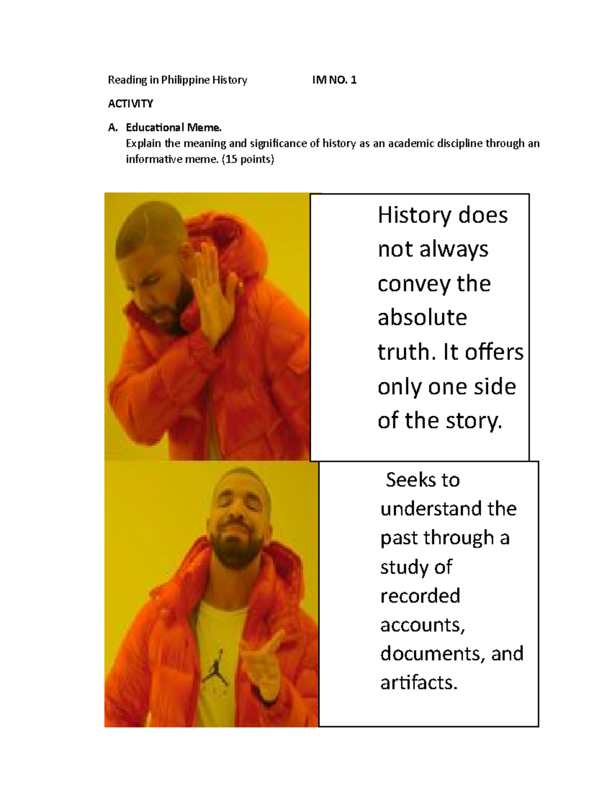 Reading In Philippine History 1 ACTIVITY A. Educational Meme. Explain