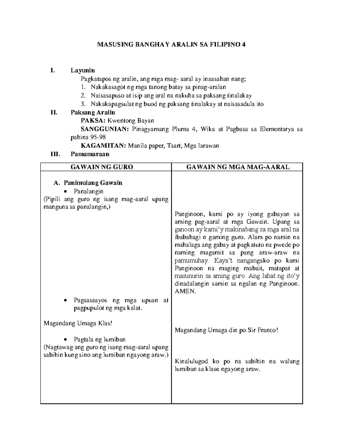 Masusing Banghay Aralin SA Filipino 4 (Franco,Wilbert M - MASUSING ...