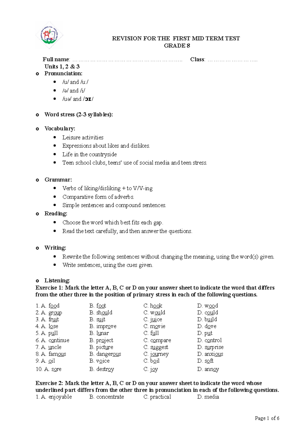 Ôn Tập GHK I Môn Tiếng Anh 8 - REVISION FOR THE FIRST MID TERM TEST ...