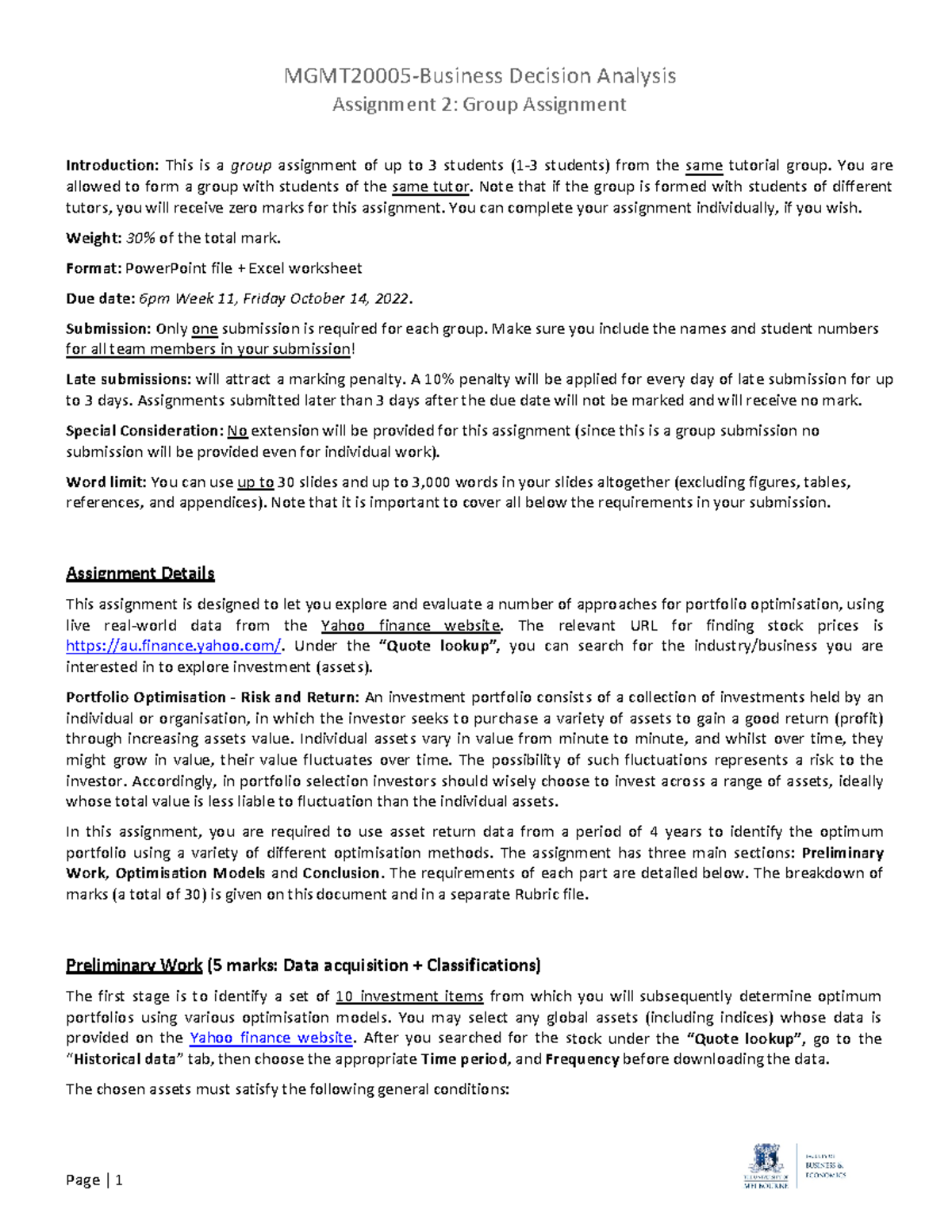 Decision Analysis Assignment 2 Group Portfolio Optimization Studocu