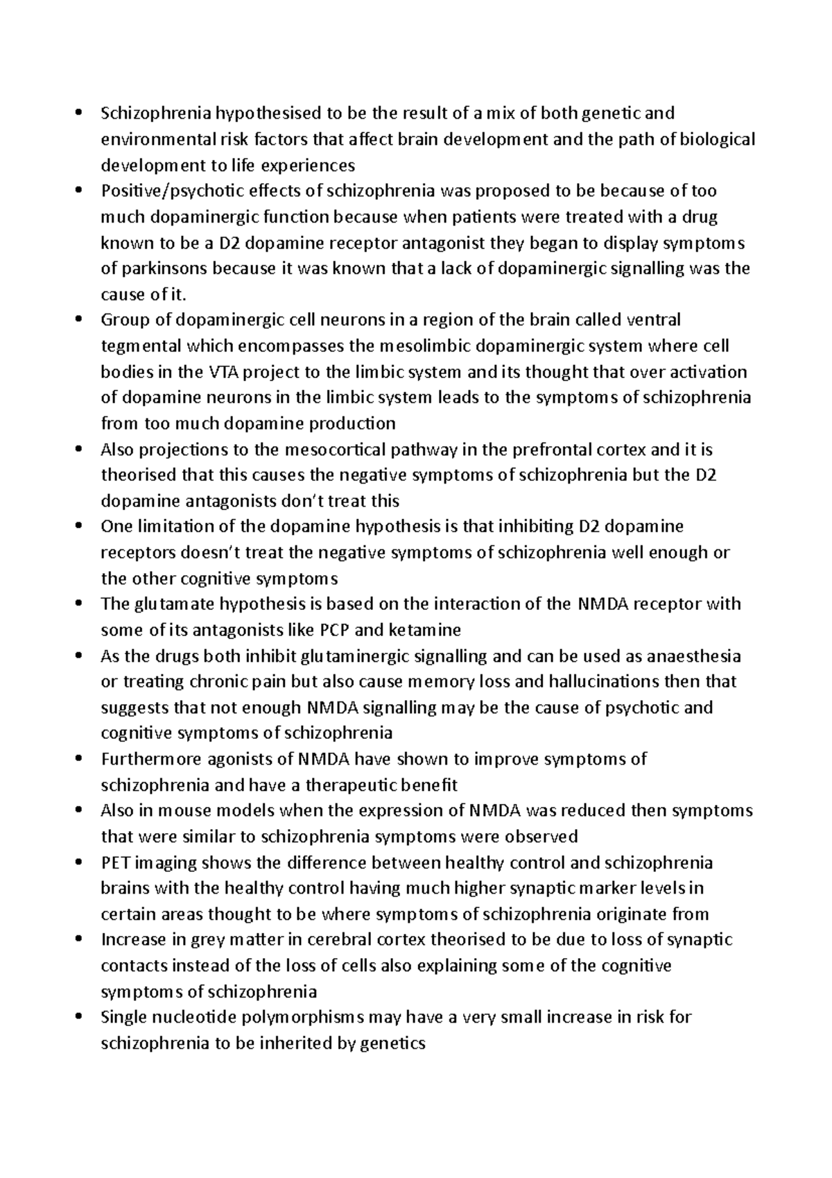 PHOL5 Section D notes schiz and ASD Schizophrenia hypothesised to be