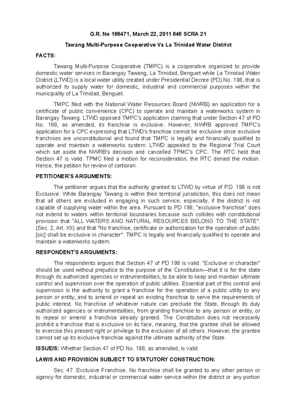 Tawang MultiPurpose Cooperative vs La Trinidad Water District G. No