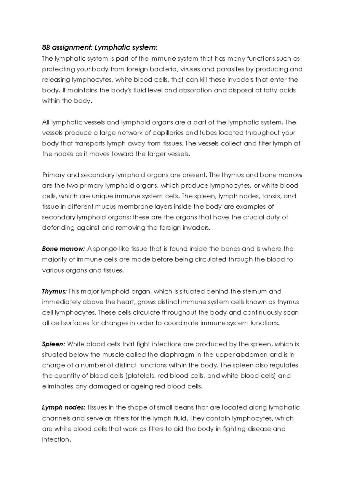 Lymphatic System - Coursework - 8B Assignment: Lymphatic System: The ...