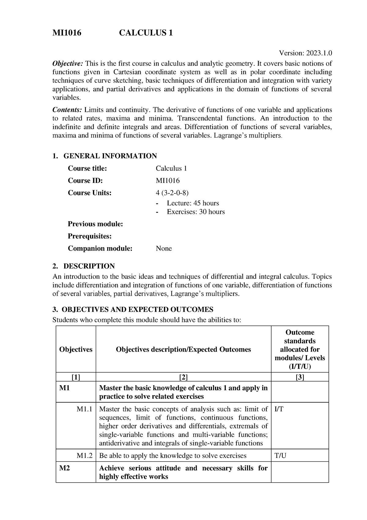 MI1016-Calculus 1-Syllabus - MI1016 CALCULUS 1 Version: 2023. 1 ...