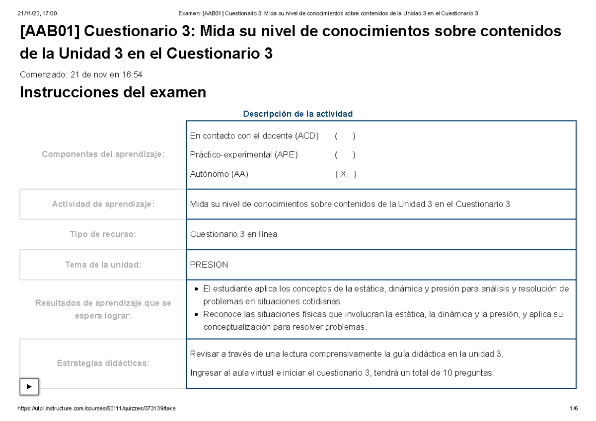 Examen [AAB01] Cuestionario 3 Mida Su Nivel De Conocimientos Sobre ...