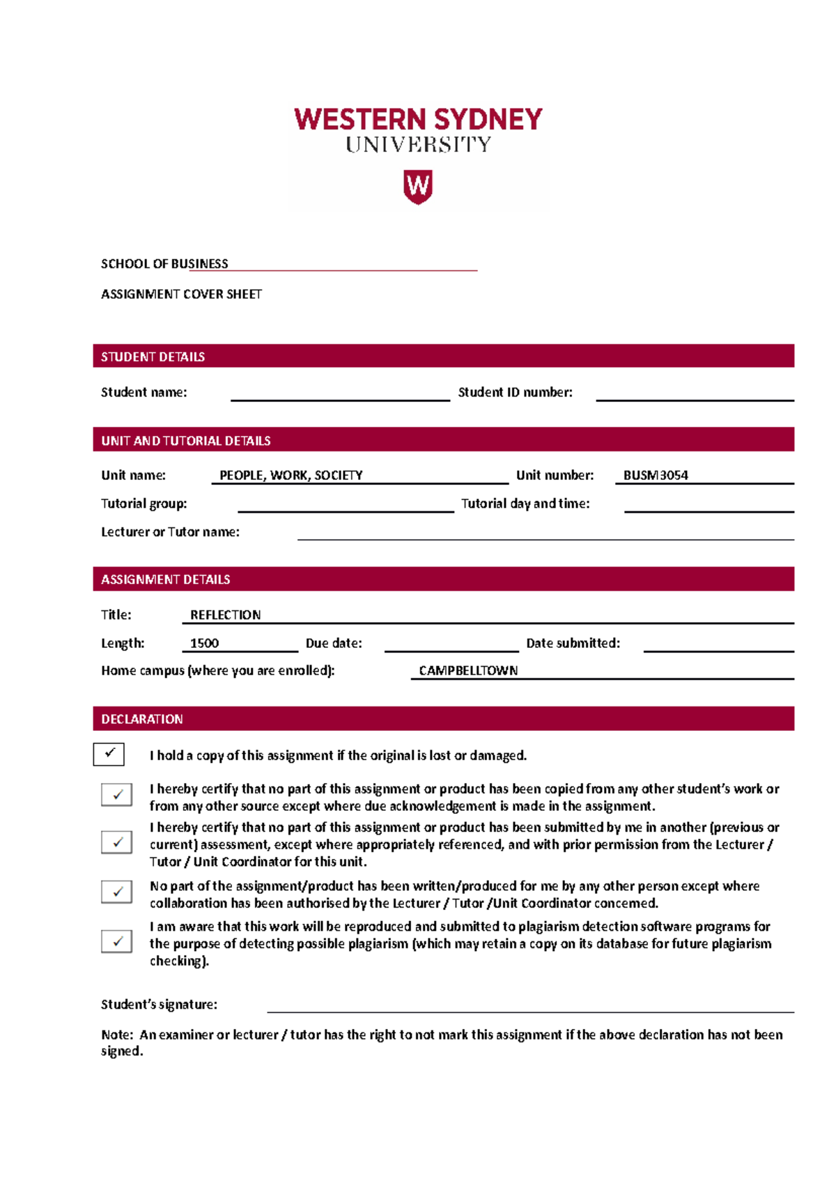 Reflection for PWS - The final assignment for PWS. - SCHOOL OF BUSINESS ...