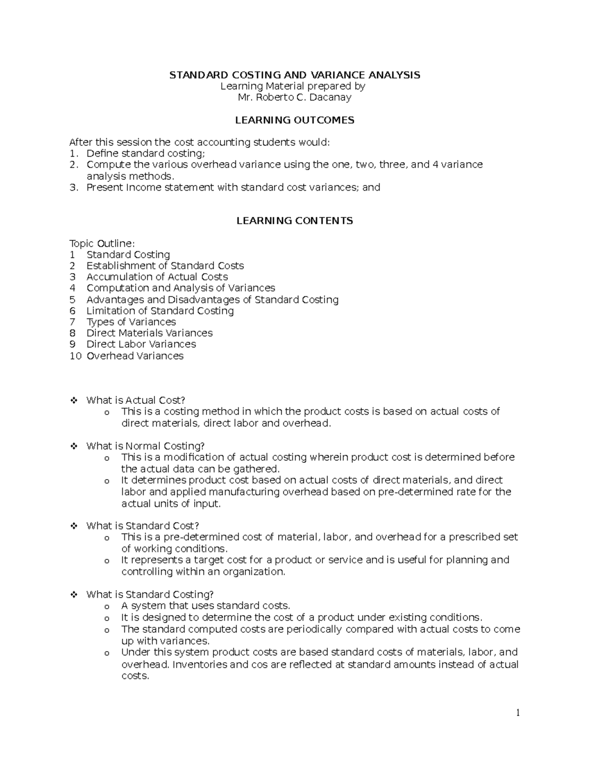 Standard Costing AND Variance Analysis concepts only - Accountancy ...