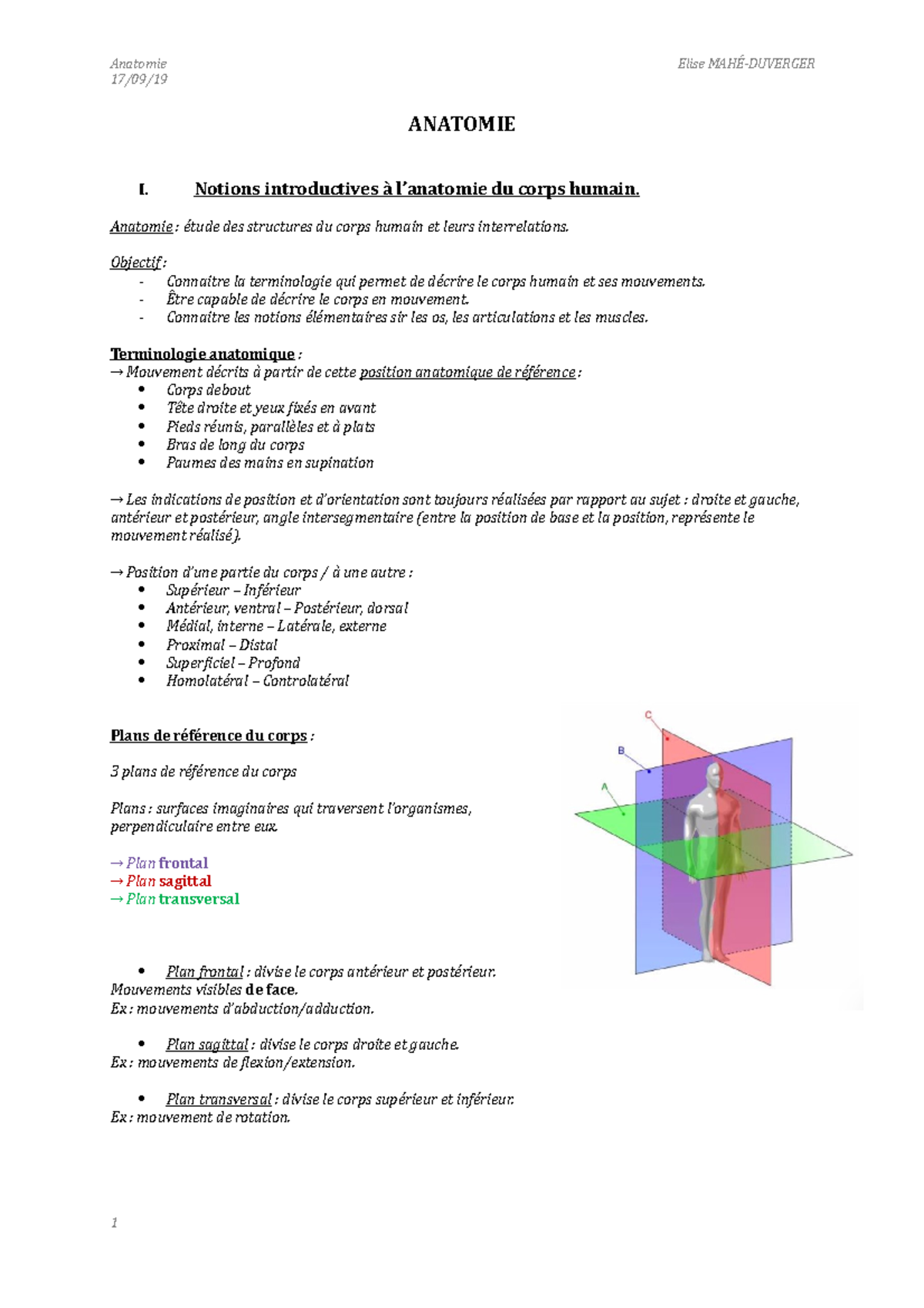 1. Introduction - Notes De Cours 1 - 17/09/ ANATOMIE I. Notions ...