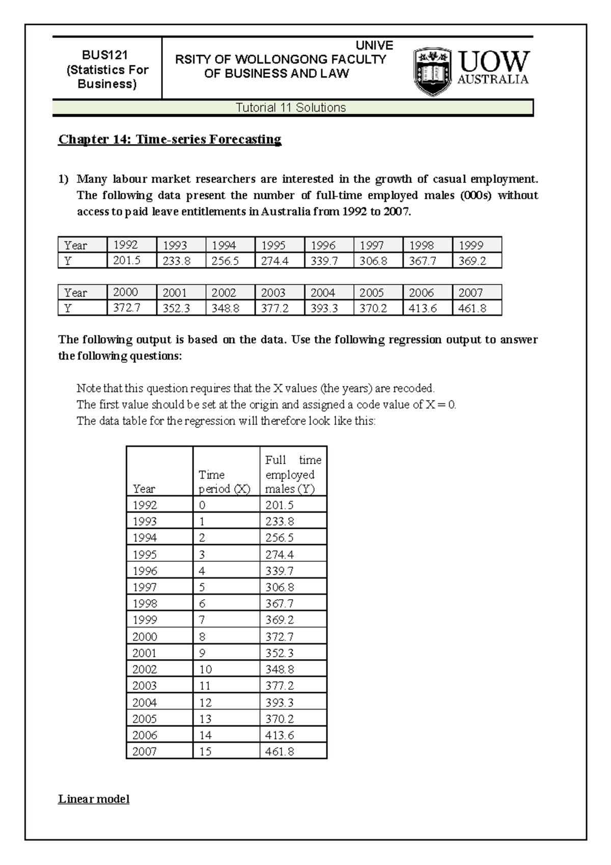 T11 Solutions ch 14 - BUS (Statistics For Business) UNIVE RSITY OF ...