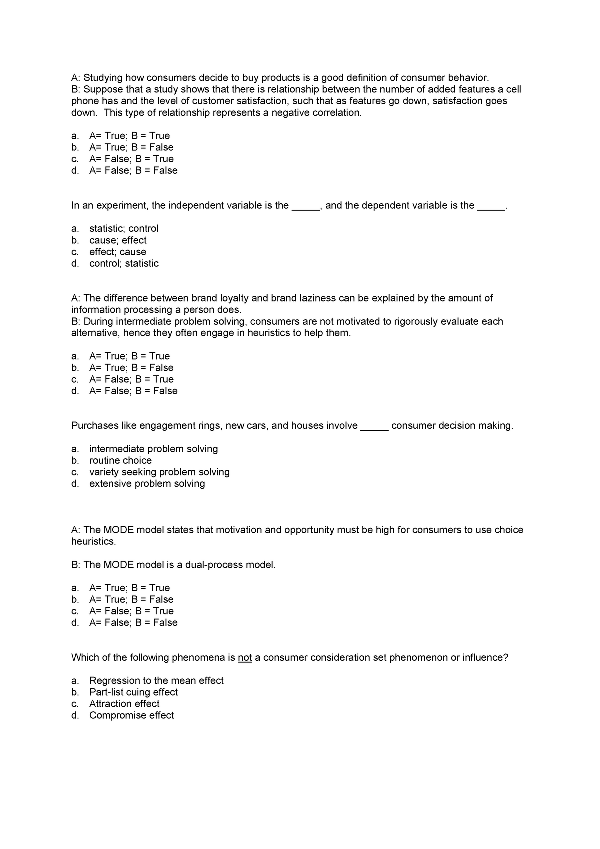 Sample questions mc assignments - A: Studying how consumers decide to ...