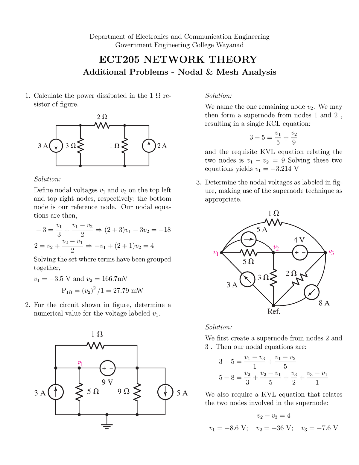 ECT205 Network Theory - Additional Problems - Nodal And Mesh Analysis ...