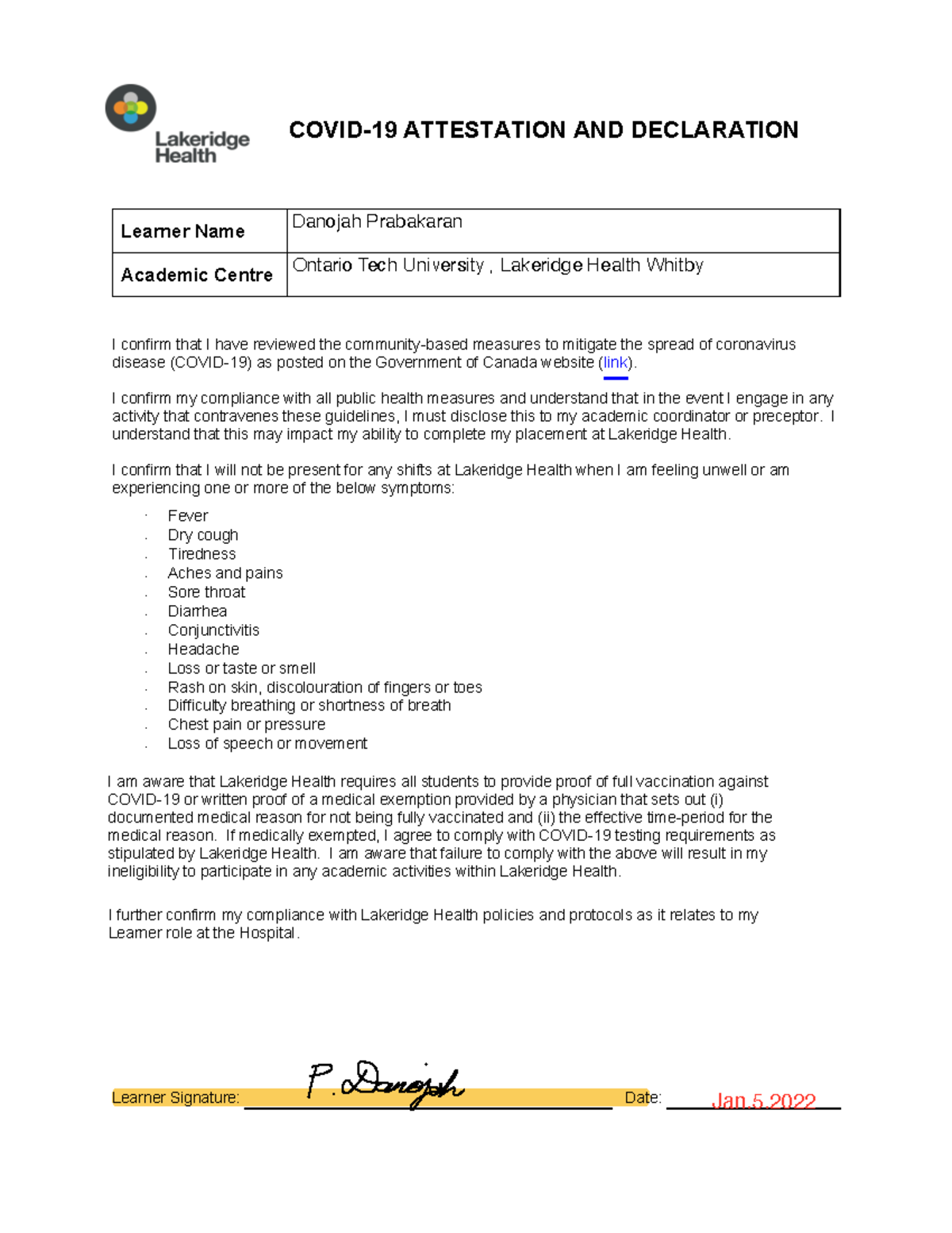 Covid Learner Attestation Sept2021 - Learner Name Academic Centre I ...