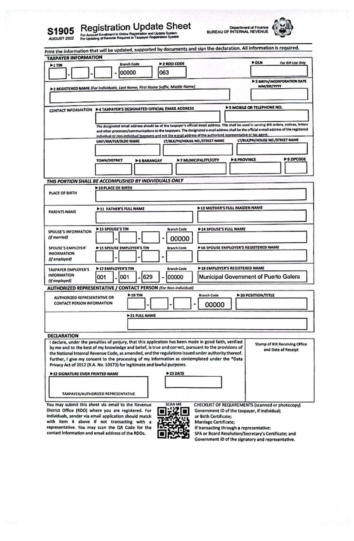 S1905 - All information is required. TAXPAYER INFORMATION 1 TIN Branch ...