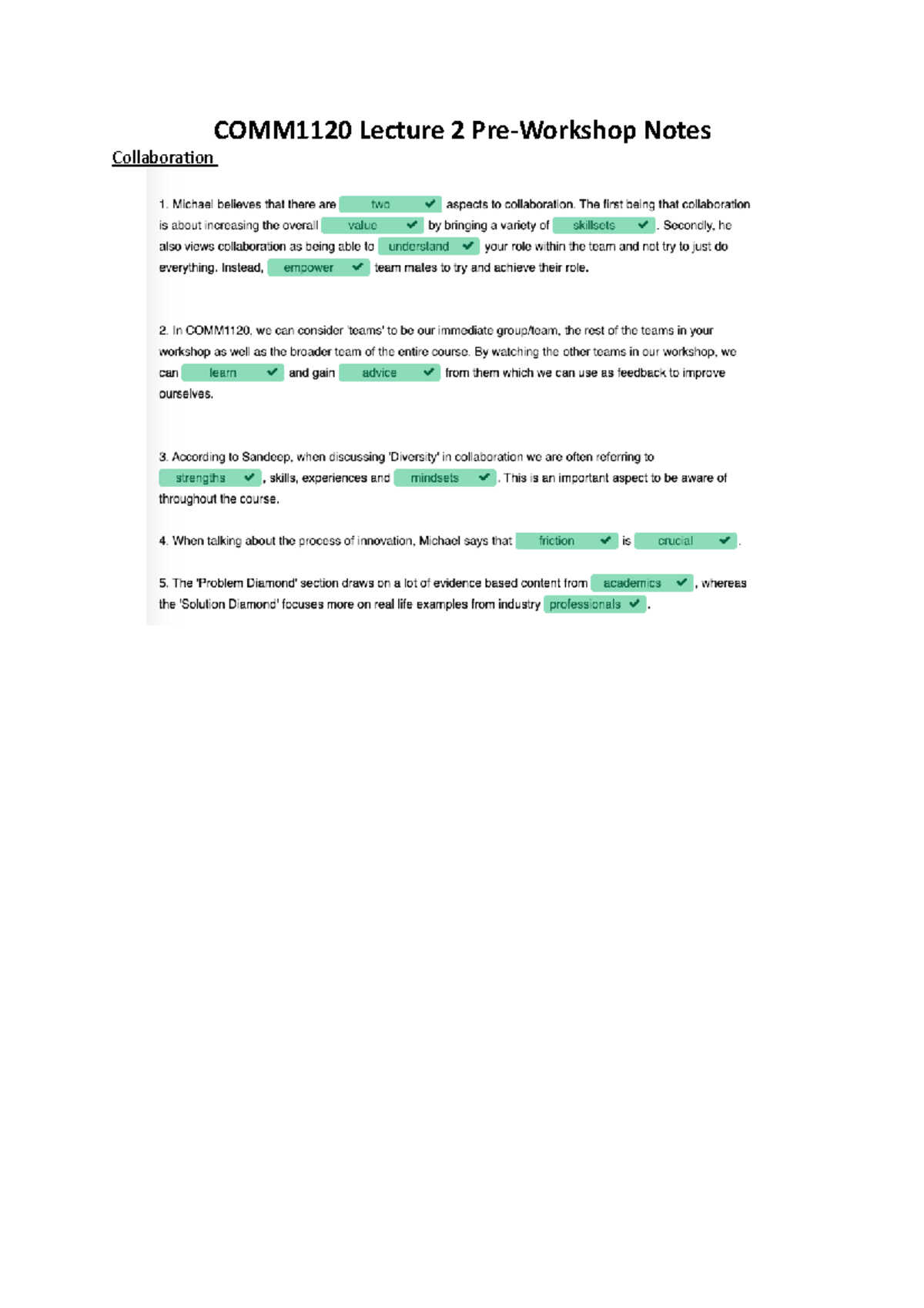 COMM1120 L2 Notes - COMM1120 Lecture 2 Pre-Workshop Notes Collaboration ...