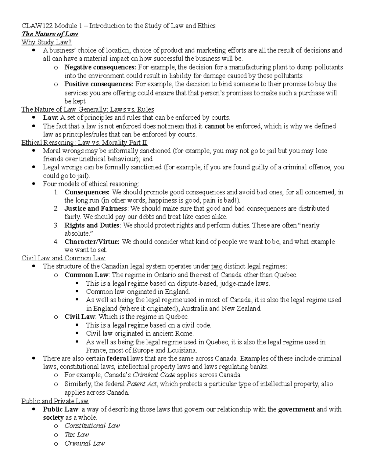 CLAW122 Module 1 Notes - The Nature of Law Why Study Law? A business ...