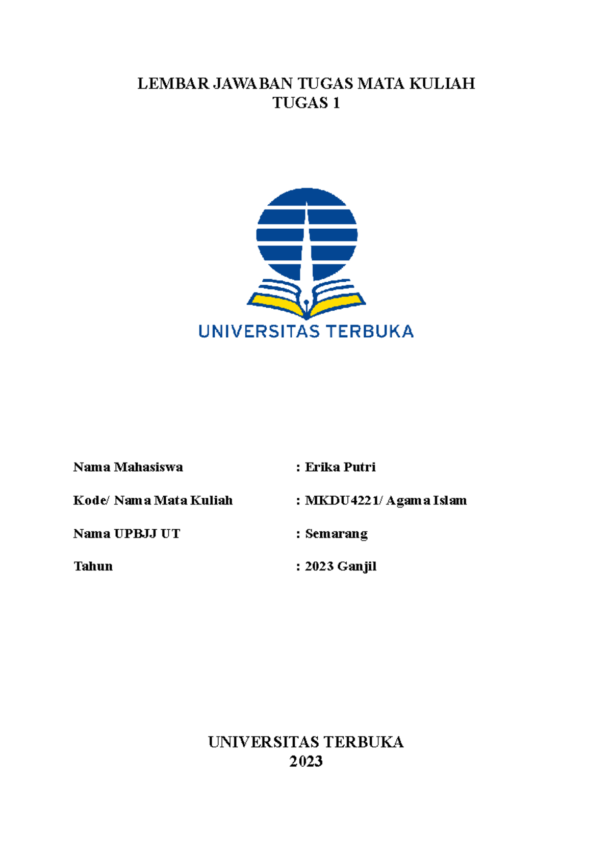 Tugas 1 Pendidikan Agama Islam Lembar Jawaban Tugas Mata Kuliah Tugas