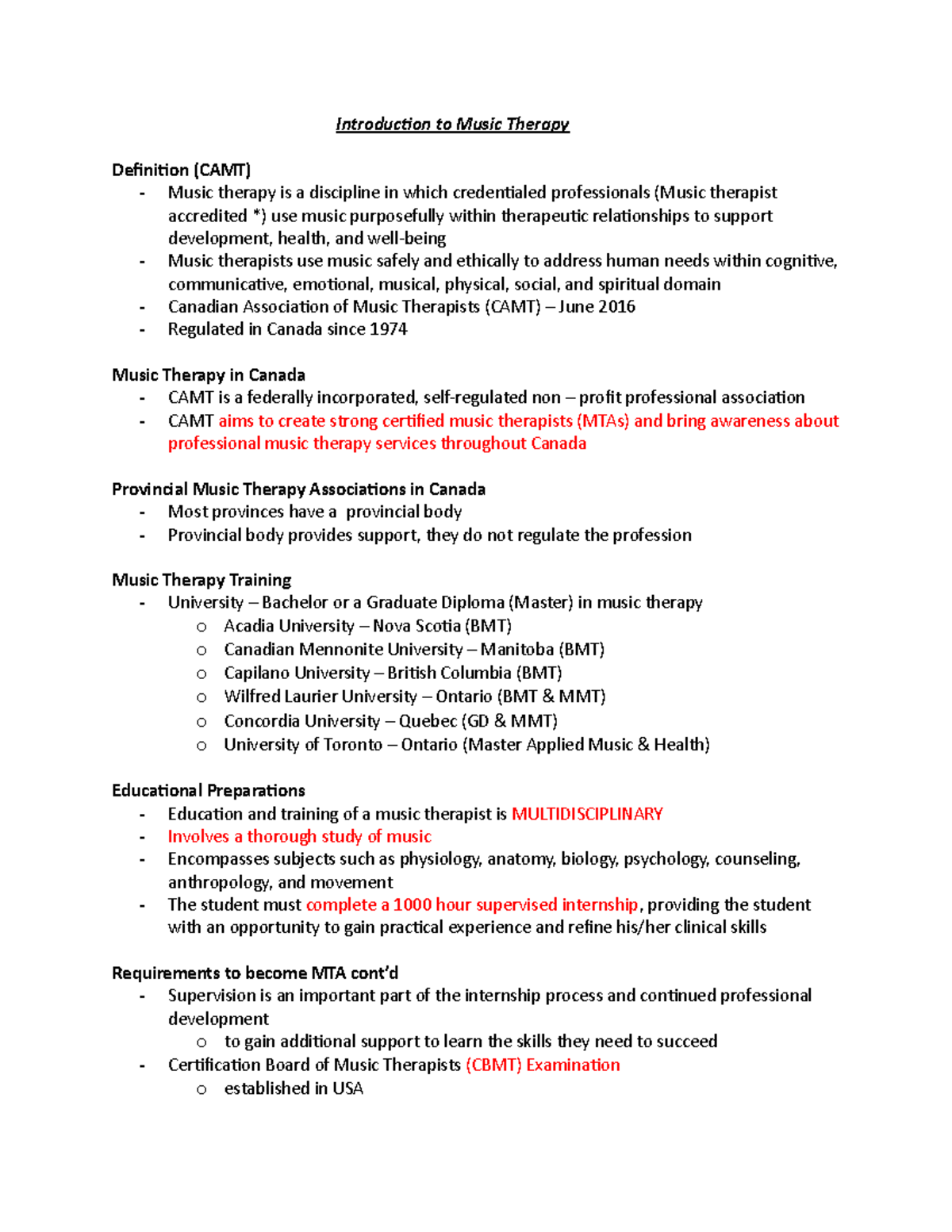 Music 2MT3 notes m1-3 - Introduction to Music Therapy Definition (CAMT ...