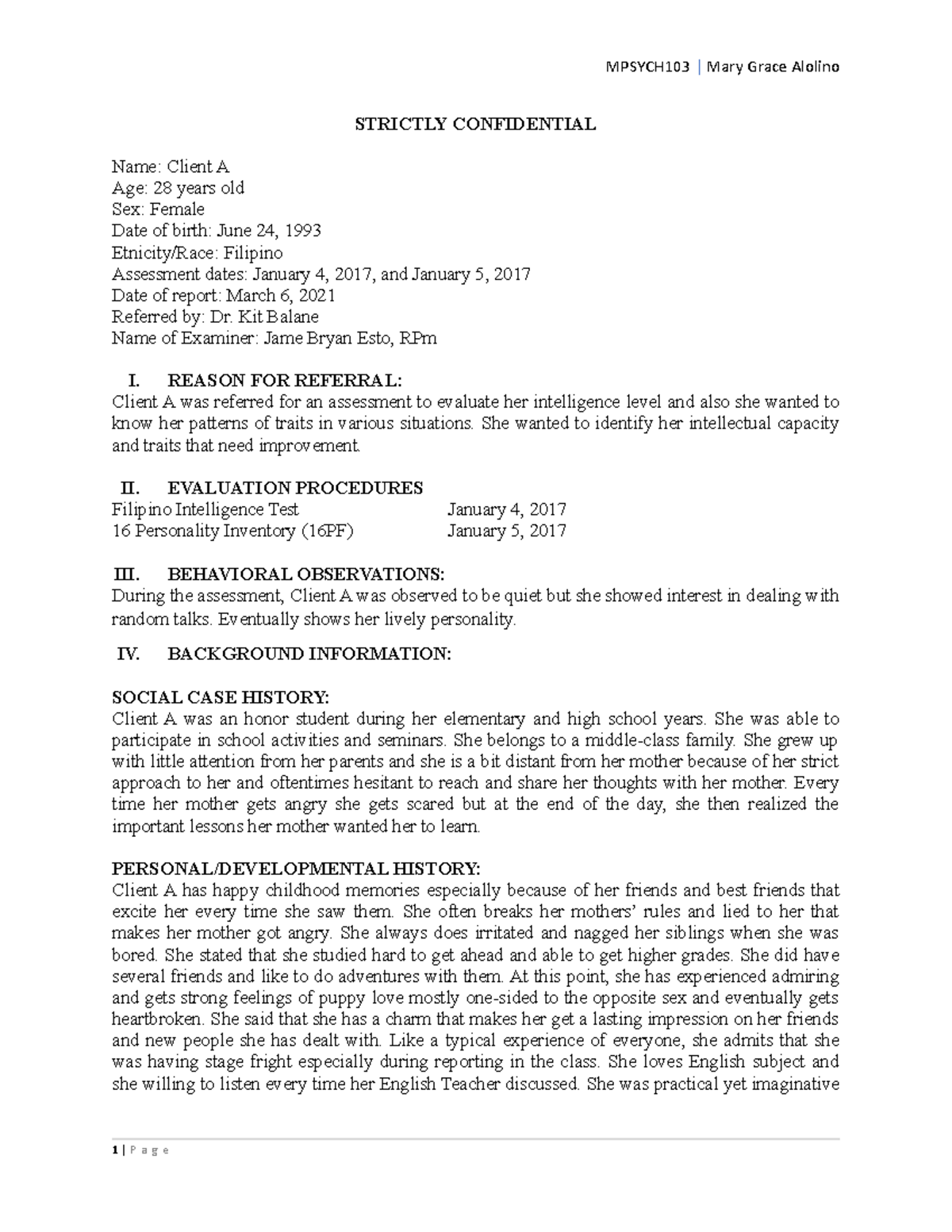 Alolino's Output- Psychometric Report of my Client - MPSYCH103 | Mary ...