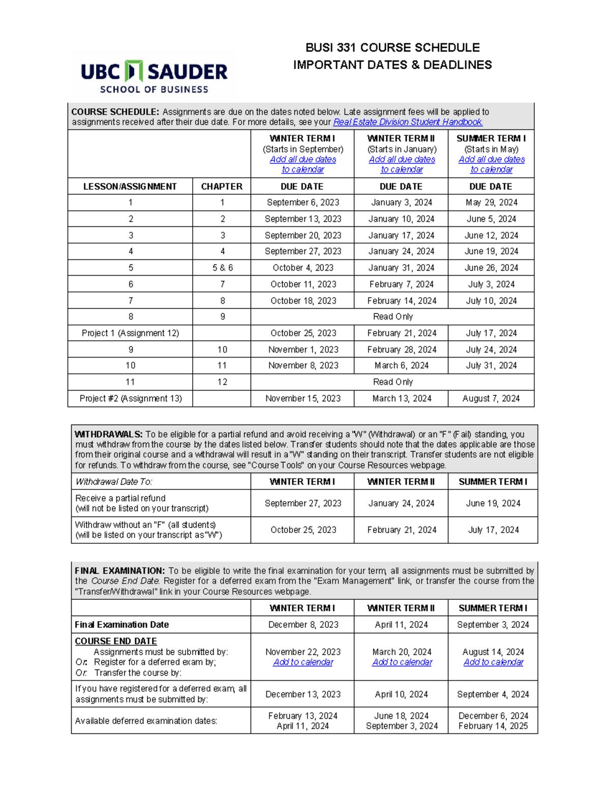 BUSI 331 Course Schedule - BUSI 331 COURSE SCHEDULE IMPORTANT DATES ...