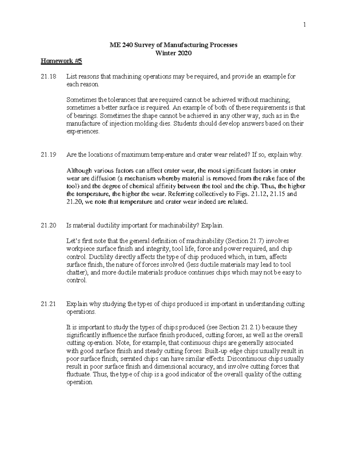 ME240 hw5 soln W20 - 1 ME 240 Survey of Manufacturing Processes Winter ...