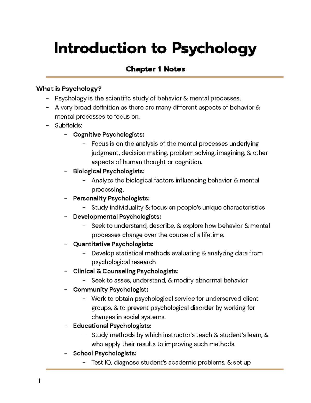 Introduction To Psychology- Chapter 1 Notes - A Very Broad Definition ...