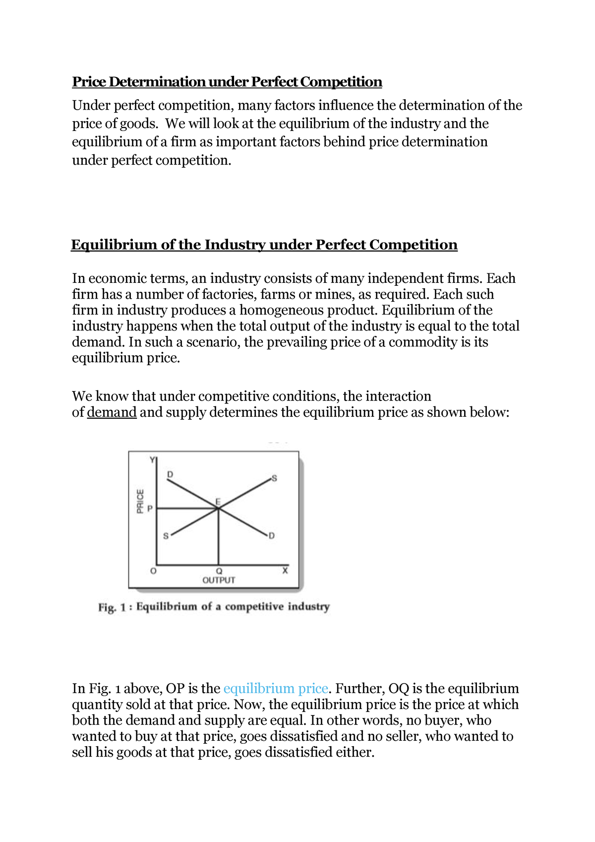 price determination under perfect competition notes