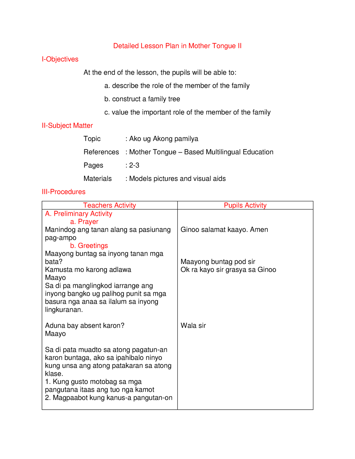 Pdfcoffee Hskjdy Bsjsd Detailed Lesson Plan In Mother Tongue Ii I My