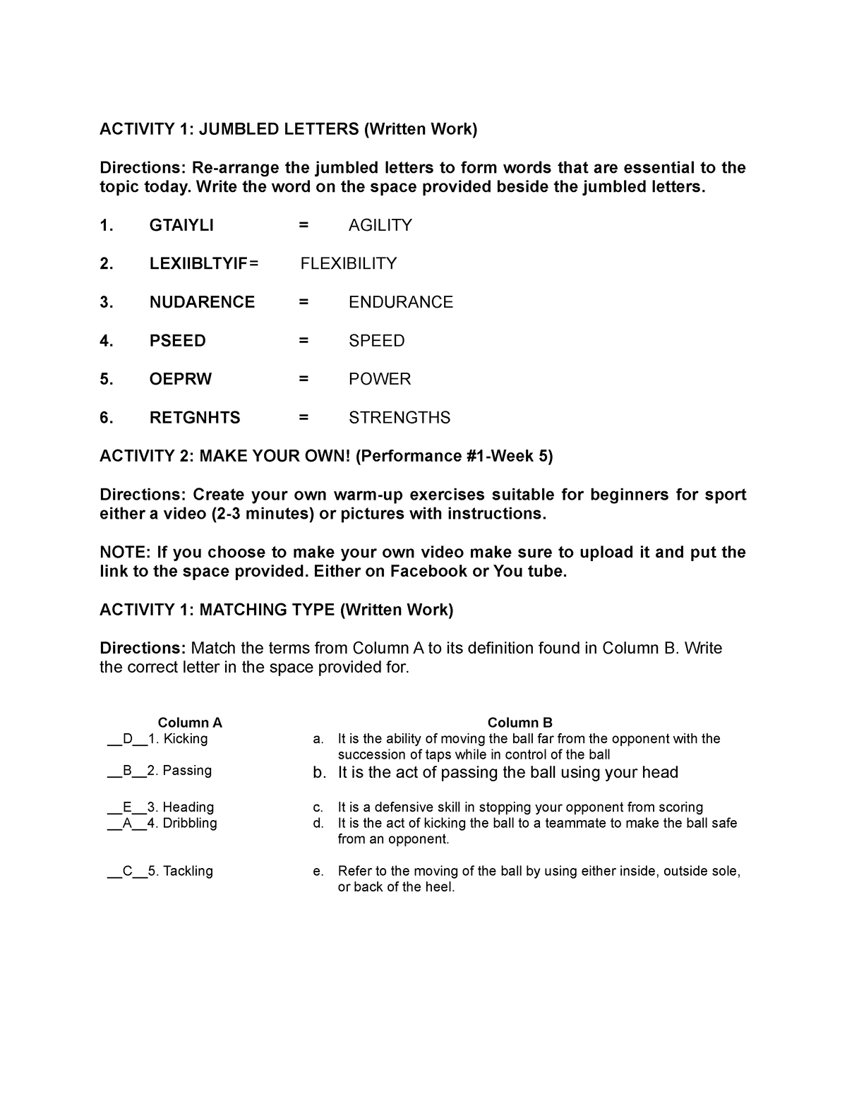 PEH - Activities - ACTIVITY 1: JUMBLED LETTERS (Written Work